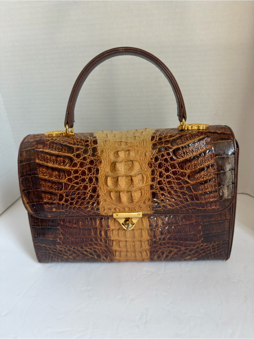 Classic Two-Tone Brown Croc Top-Handle Bag